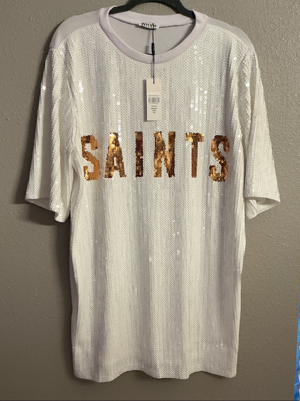 White Sequin Mini Dress with Gold 'SAINTS' Lettering